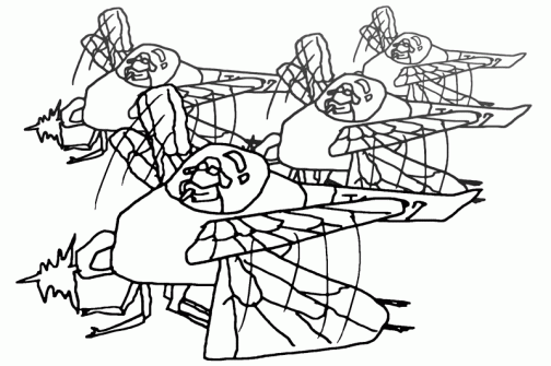 蚊柱編隊　初めのうちは羽が触れ合うくらい、このくらいのイメージで思っていたんですが、よく映像を見ていると距離的にはかなりお互いに離れていますね。それにしても見事な連携です。