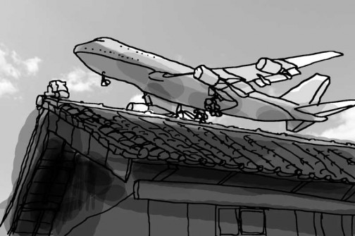 飛行場の近くに住んでいる錯覚に落ちいっちゃいます。裏の田んぼが飛行場、ジャンボジェットか輸送機の離発着が頻繁に行われています。（イメージ）