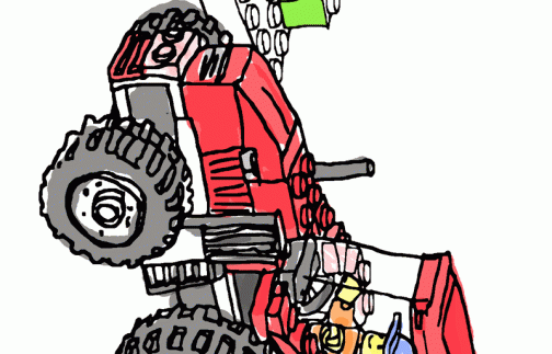 レゴの田植えの様子　赤いトラクターのアタッチメントはドライブハローに交換しました。