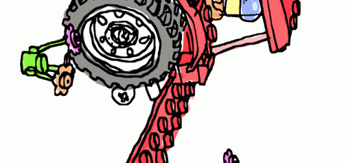レゴの田植えの様子　赤いトラクターのアタッチメントはドライブハローに交換しました。