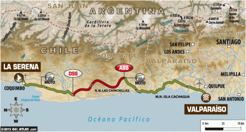 ラ・セレナ→バルパライソ間500キロ。うち、スペシャルステージは157キロと短かめ。