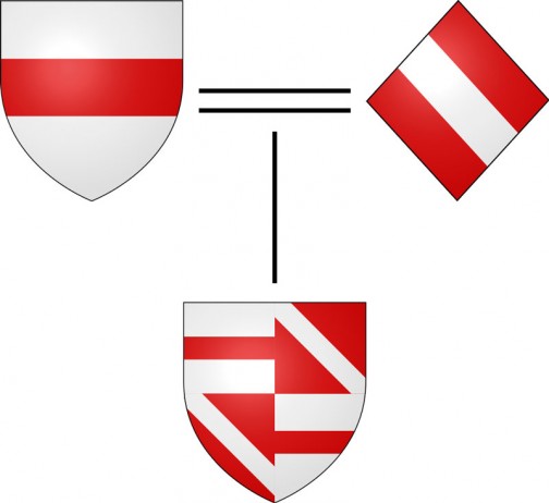ウィキペディアによるとこれはクォータリングというそうです。以下引用：クォータリング（英: Quartering）は、統合後の新しい紋章を十字に分割してクォータリーの形にし、左上、右上、左下、右下の順でより家格の高い家の紋章を配置することで統合する方法である。それぞれの位置を便宜的に 1、2、3、4 と呼び、紋章記述では 1st、2nd、3rd、4th や I、II、III、IV などとも記述する。クォータリングという言葉は、本来は紋章を4分割することのみを意味するが、クォータリーを更に分割し、6等分や8等分にした場合など分割数に関わらずもクォータリングと呼ぶ。