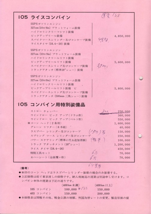 インターナショナルハーベスター　ライスコンバイン価格表　昭和44年ですから1969年、45年前の価格表です。　105型は55hp 3.27m刈巾　403は90hp 3.96m刈巾