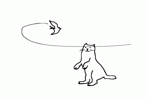 ネコに攻撃もしくは威嚇を仕掛けるツバメ　ネコは驚いているようにも、逆に撃墜しようとしているようにも見えます　どっちなんだろ？　