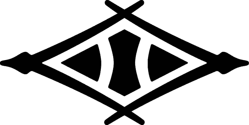 小松製作所のものと思われるロゴ？トレードマーク？　わかりやすく描き直してみました。「小」という漢字を松葉が菱形に組み合わさって囲んでいる、とってもわかりやすいマークです。