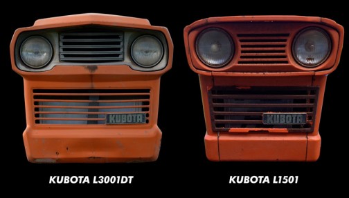 クボタL3001DTとクボタL1501、お顔比較。すごく印象が似てるのに、並べてみるとずいぶん違うことがわかります。ふくよか社長顔とうらなりのナス顔。