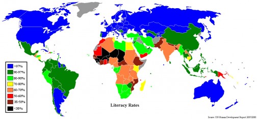 ウィキペディアに載っていた識字率による世界地図 (2007/2008 人間開発レポート) 灰色 = 資料なし　これによれば、メキシコは87位で93.4％。低いってほどでもない感じが・・・ちなみに、トップはキューバ。日本は23位です。