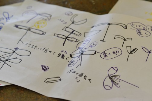 竹とんぼの原理を説明したあとで子供たちが構想を練っています。テーマは「飛ぶ形」大きくて軽くていかにも飛ぶような形はどんな形だろう？