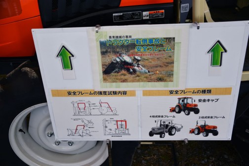クボタトラクタースラッガーSL60安全フレーム強度試験機。Kubota tractor SL60 safety frame strength test sample