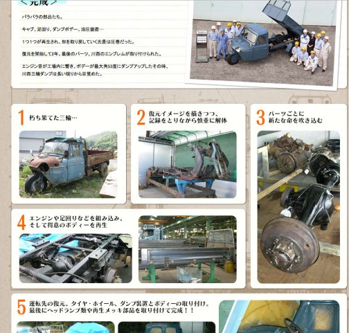 新明和工業株式会社はダンプを3輪のころから手がけているそうです。その三輪ダンプを創立60周年記念事業でレストアしたという記事が、truck-next.comというサイトに載っていました。