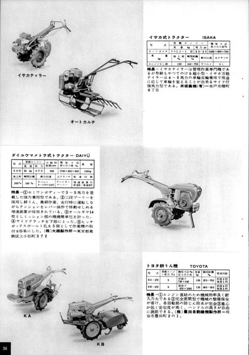 1961年のカタログだと思います。井坂式オートカルチとイサカテイラーが載っています。井坂農機（有）水戸市柵町6丁目とあります。柵町は現存していますが、当時と今では区分が違っているのでこれだけでは場所を完全に特定することはできません。