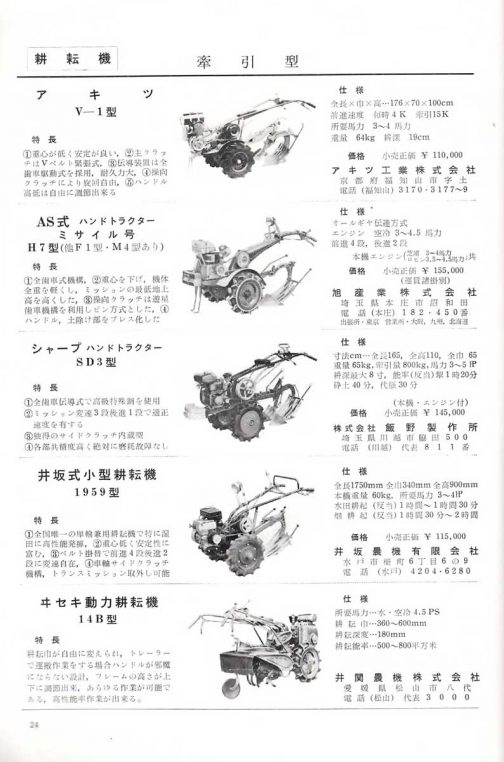 こちらは1959年のカタログにある小型耕運機。井坂式小型耕耘機1959型。ゴムタイヤ付きですね！