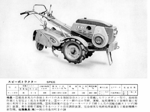 1961年のスピー耕運機。1960年頃はホンダのF150の影響か、このように他社でもメカメカしい部分を隠したものが大勢を占めていました。