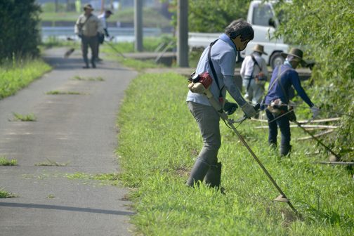 なぜか今回は集合地点の写真を取り忘れています。ですからまずスタートしてすぐ、水路の草刈の写真から・・・