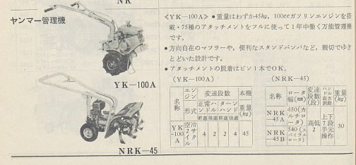 1970年発行の最新農業資材年鑑-1971年版という本からヤンマーのYK-100Aです。僕の探しているの運輸省型式でYK100というものですけど、末尾にAのつかないYK-100というものがあるかもしれませんがほぼこれで間違いないと思います。エンジンがヤンマー製ではなくタスL-11という2サイクル100ccクラスのエンジンというのが新鮮です。