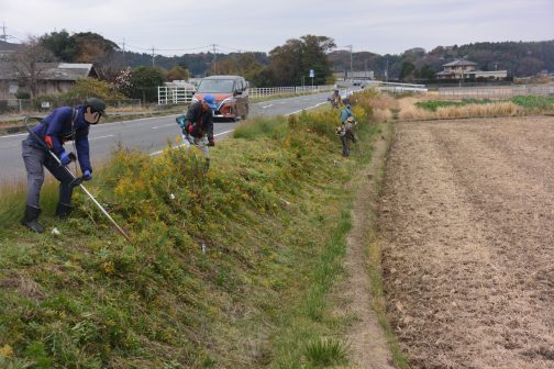 今回は水路と県道の間の法面を刈っています。農家からは水路の向こう側ですし道路からは水路までかなり下です。誰も刈らないと草がすごく伸びてジャングルになり、そこへゴミが捨てられる（捨てた途端に深い草むらに消えてなくなったように感じるからでしょうか）という悪循環でした。