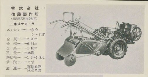1957年耕耘機の使い方・生かし方より三恵式サントラです。テキスト資料から探しているのは三恵式ST型なのですが、ここには三恵式サントラとしかありません。