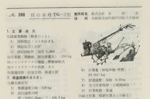 今朝は1958年農機具国営検査要覧より1958年軽自動車型式認定、日の本号TG-1です。何々号というのは農機ではありそうでそんなに無く、大抵は何々式です。今まで収録した農機の中には何々号はこの日の本号だけだと思います。「ナントカ式多いなぁ」と思った製造元の東洋社の人がちょっと違った名前をつけようと思ったのかもしれませんね。