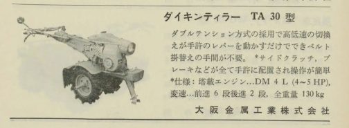 1962年農業機械と農作業の記事です。ダイキンTA30とありますが、TA30というこの機種由来のテーラーは他にもコサカ式ダイキンTA30というのがあります。もちろん、同じもので販売チャンネルが違うだけです。