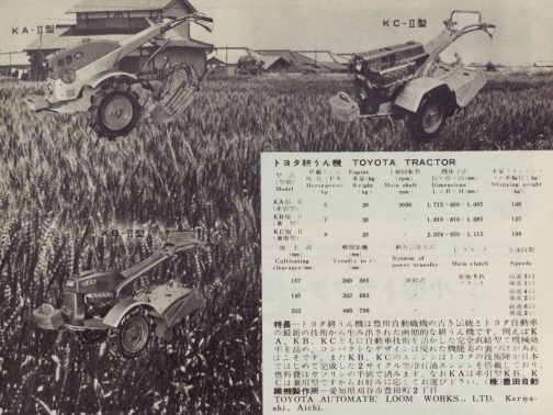 1962年農業機械図鑑の記事。トヨタブランドの耕運機が並んでいます。今回探しているのはKCⅡ型です。大昔、織機は最先端の機械だったろうと思いますが1950年から1960年にかけては幸運期も最先端の機械・・・そういう機械を豊田自動織機が手がけるというのは「だよなぁ」という感じです。