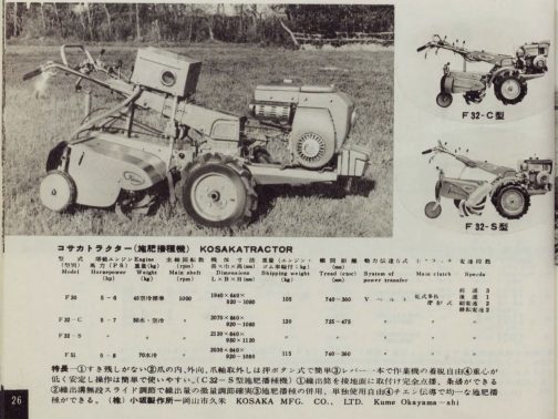 1962年農業機械図鑑の記事です。メインに取り上げられているのはF30ですが、今回探しているのはF32です。エンジンメーカーというのは農機メーカーに比べて資本が大きかったようでダイキンの社史によればエンジンの供給と資本提携を通して鈴江や小坂に耕耘機を「作らせていた」ように書かれています。エンジンを買ってくれるお得意さんを使って販路拡大を図っていたということなのでしょう。