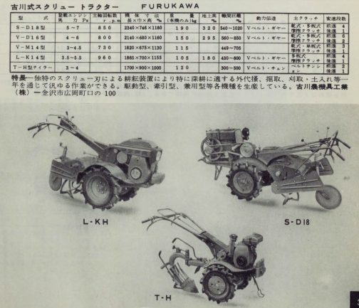 1961年農業機械図鑑の記事です。探しているのはスクリユー（ここではスクリューではなくスクリユーで統一します）S-D型です。ここにある型式のテイラー以外には数字がついていますがこれはロータリーの耕運幅の寸表示だと思われますので、実際の型式はそれぞれS-D、V-D、V-M、L-Kだと思われます。探しているS-D型はここにあるS-D18でビンゴだと思います。