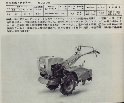 1961年農業機械図鑑の記事です。探しているのはスズエL型です。初め手にした資料には農118とありました。ただ、そこにはクボタの耕運機KF型が座っています。同じ番号が農機に振られることはないので他の資料を当たったところスズエCK型と同時に認定されていることがわかりました。スズエCK型は農112号です。また、これまでもこの資料は3と8を取り違える事例が複数回あったことからスズエL型は農113号で間違いないだろうと収録しています。当時は印刷もそんなにきれいではなかったと思うので、3と8を取り違えるうっかりさんがいてもおかしくはありません。おおらかな時代でそんなに厳しく校正する人がいなかったのかもしれません。