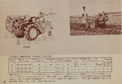 1963年農業機械図鑑の記事です。コサカM200が載っています。下の表を見ると後ろにつくのはおそらく耕運幅の数字だと思いますがM200にはM200-54、M200-60、M200-70と耕運幅に合わせて搭載エンジンが違うようです。