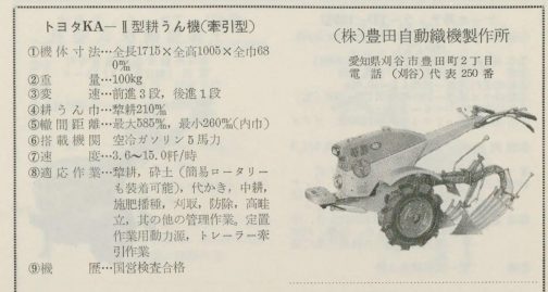 1962年図で見る農機具の記事にあったトヨタKAⅡ型です。