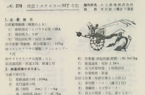 1958年農機具国営検査要覧の記事です。少し上を向いた鉄棒に差し込まれた錘が特徴的。