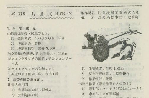 1958年農機具国営検査要覧の記事です。探しているのは片倉ハンドトラクタHTBなのですが、いくら探してもこのHTB-2しか出てきません。もう仕方ないのでこれでいいかと言う感じです。