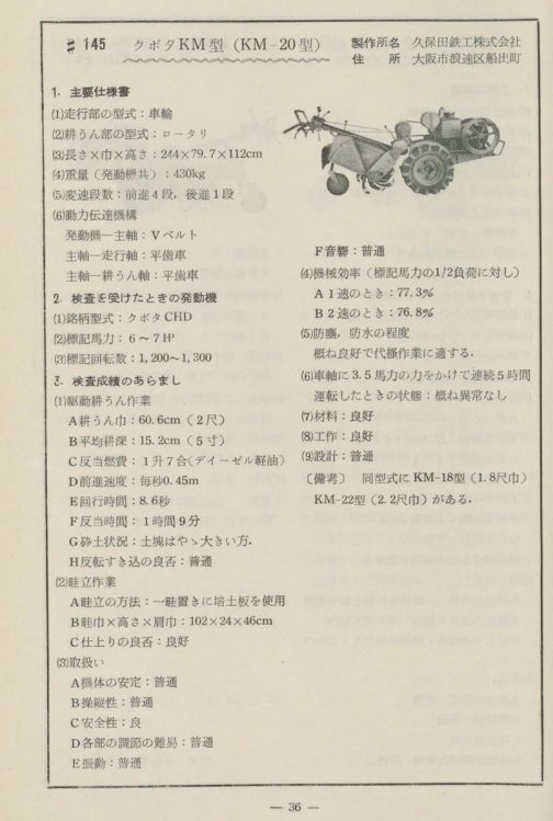 1957年農機具国営検査要覧クボタKM型の記事です。耕運機の全長はいくらなんでも4mはありませんから、型式認定が「公道を走って良い農機」ということを考えると4mという数字はトレーラーなどを取り付けた場合の寸法、実際に公道を走る状況を考えてのことではないかと考えます。一方、オリジナル34、つまり型式認定制度新設時のメンバーはもしかしたらそのあたりあやふやだったのか、クボタの耕運機の寸法を見ると2m台です。マメトラなど小さな耕運機でさえ4mもあるのにこの数字はおかしいです。