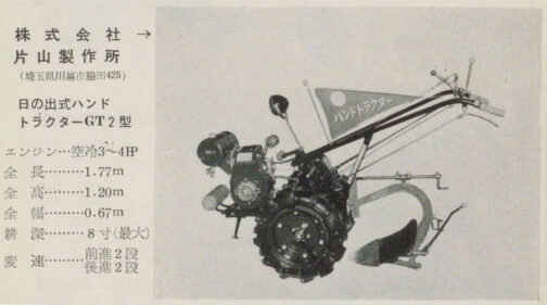 まずは1957年耕耘機の使い方・生かし方のGT-2型の記事です。型式認定は1958年5月で農80号です。エンジンは200cc(資料上では)のロビンFE25RL型です。丸いタンクを覚えておいてください。タンクにはロビンと書かれていますね!