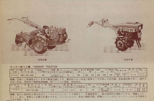1963年農業機械図鑑の記事です。ここにヤンマーYP3S型が載っています。エンジンはNT70Kですが同じエンジンNT70K搭載のYP3R型、NT70-C型搭載のYP3T型は見つからないためにこの写真で収録することにしました。