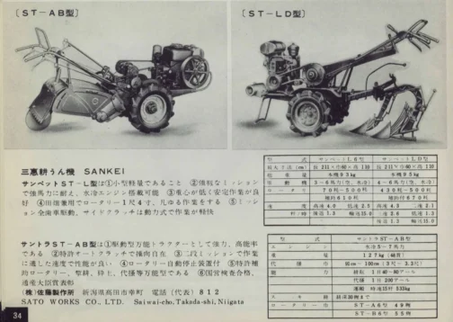 1959年農業機械図鑑の記事です。探しているのは三恵式LD型でここでは近いものとしてST-LD型があります。三恵の耕運機の場合、サントラやサンペットの愛称で呼ばれているものどちらもSTで始まる型式です。これを運輸省の資料とつき合わせるとST以降の文字が型式として使われている可能性が高いです。よって、ST-LD型は運輸省型式のLD型とイコールということで良いと思います。年式も合っていますしね。