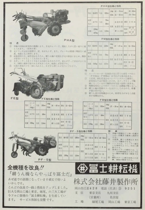 1962年農山漁村近代化施設便覧富士耕耘機の広告です。PHA型はずっと探していたのですが、この頃は耕運機も多種の時代でメインの写真は別の機種で名前だけちょこっと書かれているものが多く実際の写真はなかなか見られませんでした。意外と珍しいPHAの写真です。