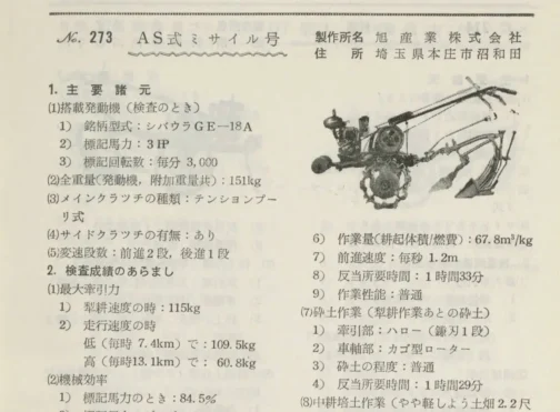 1958年農機具国営検査要の記事です。同じ年、運輸省型式認定1958年のASミサイルF型についてはのちのH型M型などは情報があるのですが、それ以前のこのF型については情報がありません。