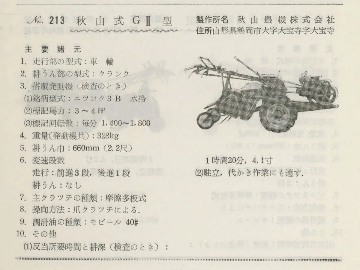 1958年農機具国営検査要覧の記事です。探しているのは秋山式RSW-16型ですが見つかりません。RSW-16はこの記事にある秋山式GⅡ型と同じニッコク3Bを搭載しています。GⅡ型は耕運幅が660mm2.2尺とあります。おそらくRSW-16はその数字から1.6尺480mmほどではないかと想像できます。同じエンジンなのに耕運幅が小さいと言うことは、もしかしたらGⅡ型のクランク式の耕耘機構ではなく力を喰うロータリー式の耕運機構だったかもしれません。