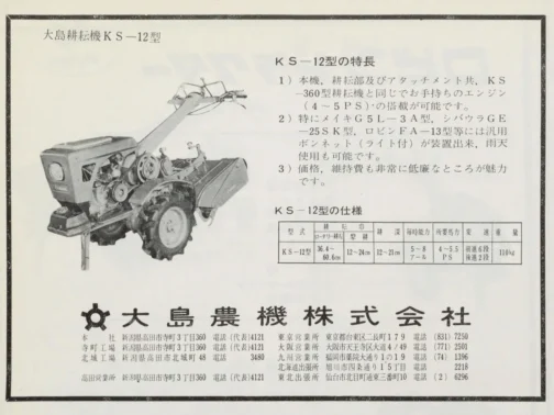 1962年農山漁村近代化施設便覧の広告です。探しているのはKS5型ですが全く見つからず、ついに「近い」感じのもので代用するに至ってしまいました。おそらく形も姿も違うでしょう。名前が似てる・・・というだけです。