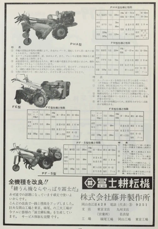 1962年農山漁村近代化施設便覧より富士耕耘機の広告です。探している富士FK型が全く見つからず、ただFで始まるというだけでこれを選びました。