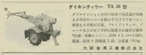 1962年農業機械と農作業の記事です。ダイキンのTA30が載っています。探しているのはTA20なのですがどうしても見つかりません。